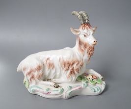 A rare Derby figure of a goat, naturalistically painted, recumbent on a scroll moulded base, c.1758-60, patch marks 12cm